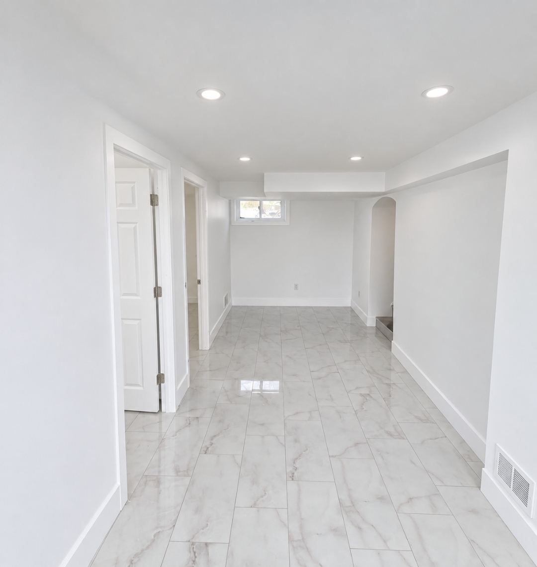 Finished basement garage conversion with bright white walls, marble-look tile flooring, pot lights and open doorways
